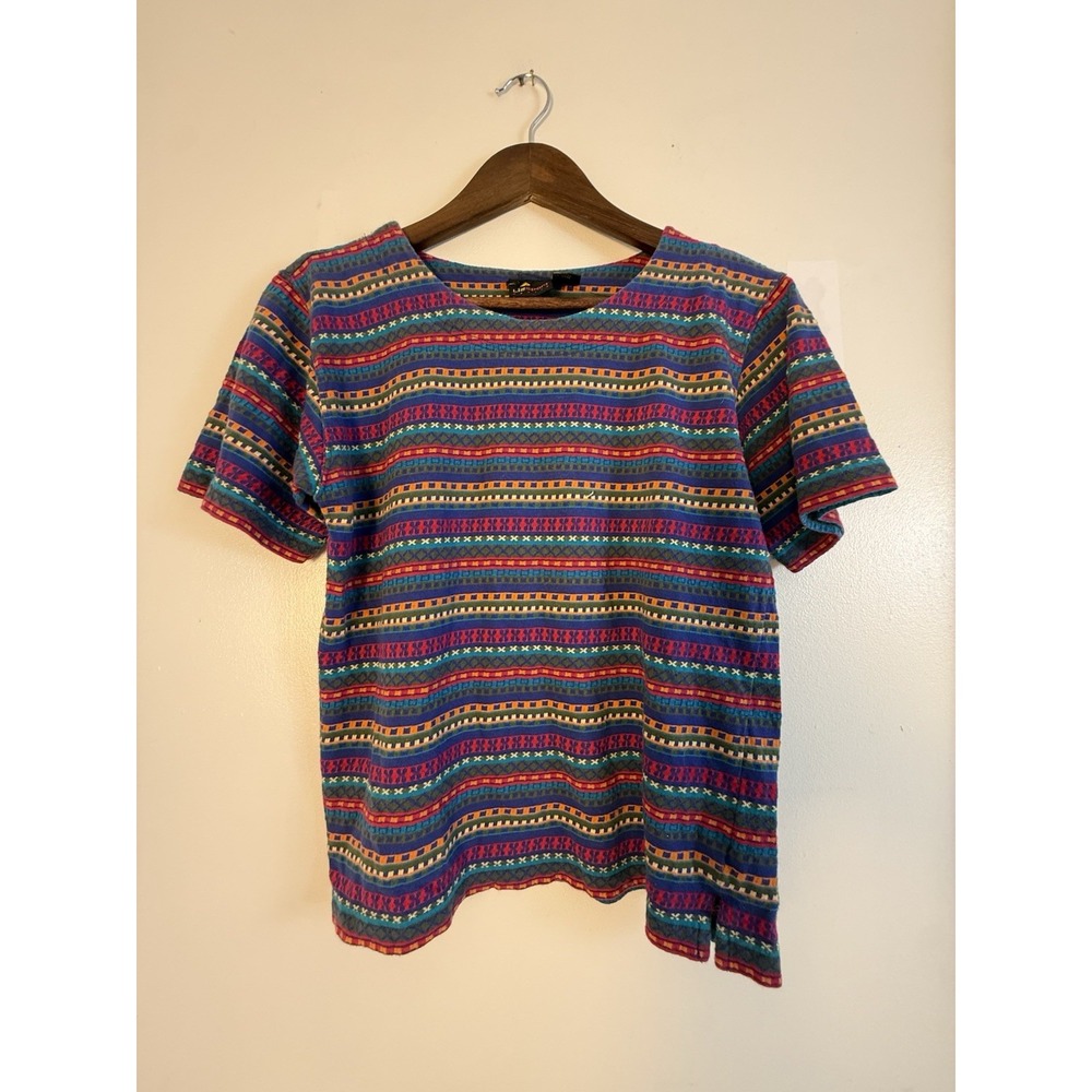 Vintage Lizsport Petite P Tribal Geometric Stripe 100% Cotton Boho Tee Top